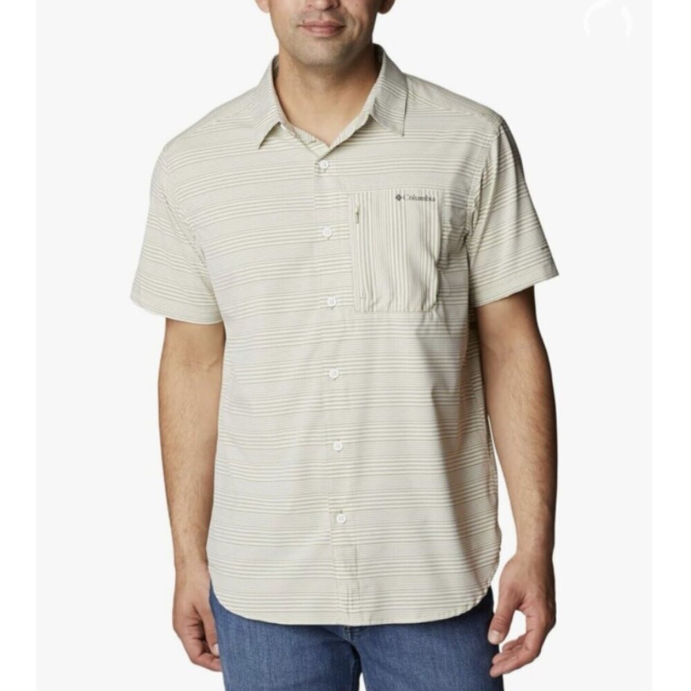 Columbia Omni Shade Striped Button Down Shirt in Beige Size M *Gently Worn*